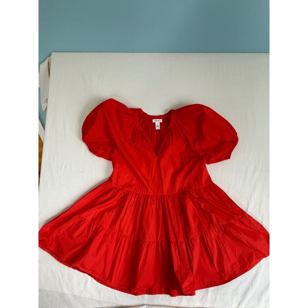 Japna Women Orange Red Cotton Tiered Puff Sleeve Mini Dress V-Neck size L